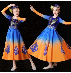 Royal blue orange Chinese Xinjiang dance dresses for girls kids children ethnic Uyghur Xiaoguli Hui Kazakh Uighur girl performs costumes